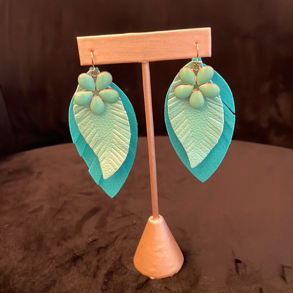 Brand new blue/turquoise flower and feather-like dangly earrings